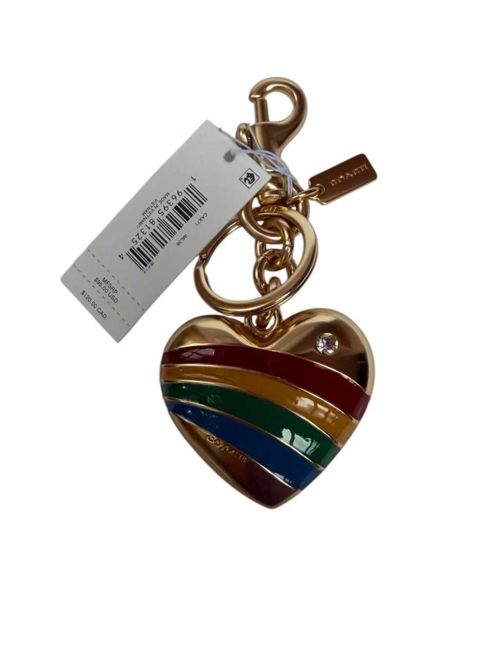 Coach Gold Heart Bag Charm with Rainbow Enamel Stripes NWT